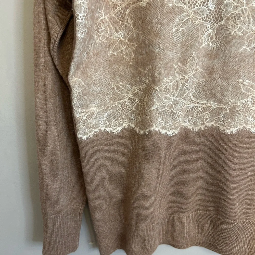 NWOT J. CREW Needle Punch Lace Wool Blend Crewneck Sweater brown cream size XXS